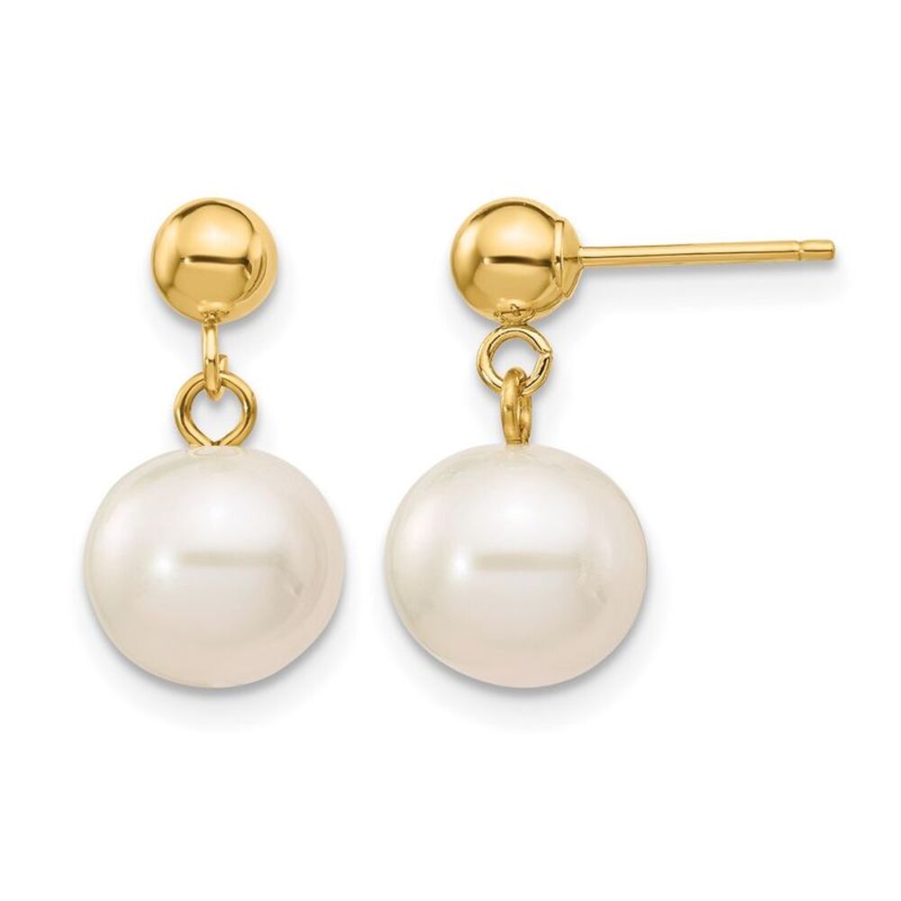 14K Gold Filled 8-8.5mm White Round FWC Pearl Post Dangle Earrings